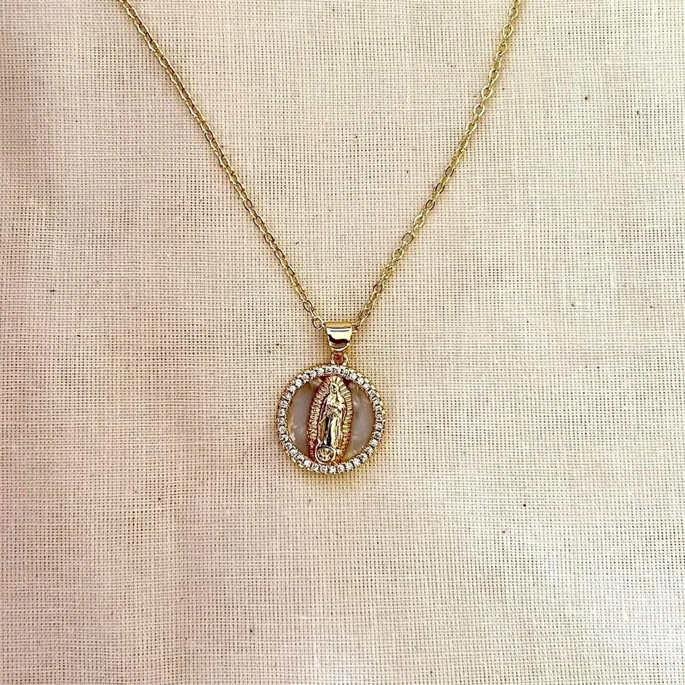 vintage style virgin mary gold chain stone necklace